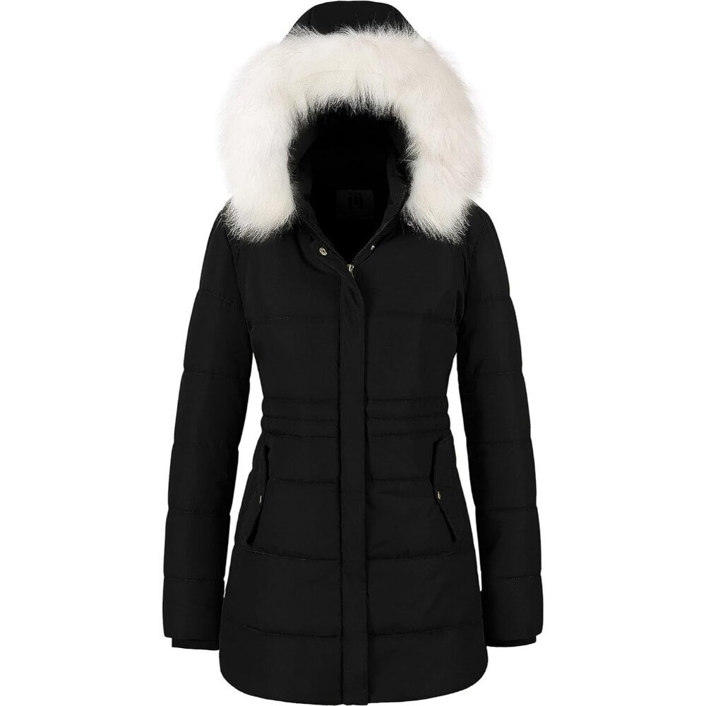 Women's Black Removable Faux Fur Trim Waterproof Long Hood Puffer Jacket Coats